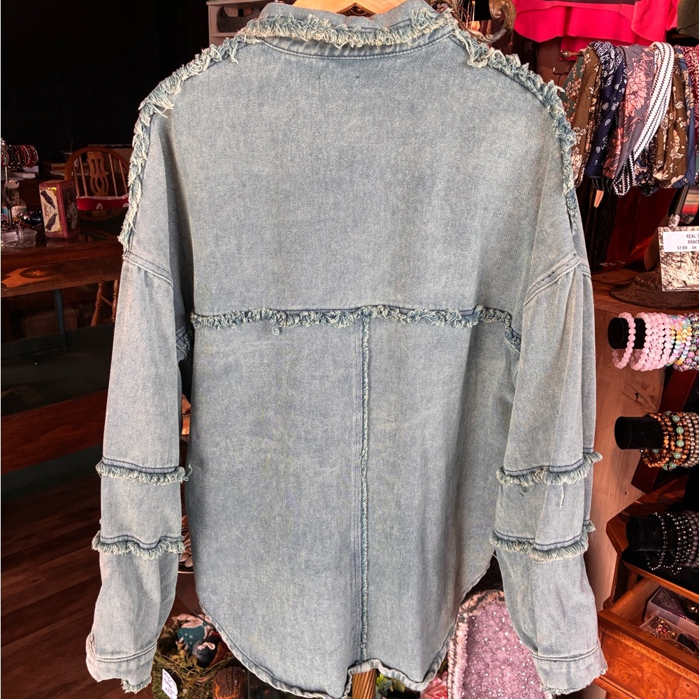 POL Distressed Light Blue Denim Jacket with Frayed Trim - Picture 3 of 3
